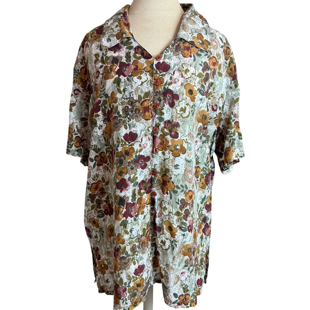 Vintage 100% Silk Boho Floral Blouse Oversized 90s Brown Blouse Top Large